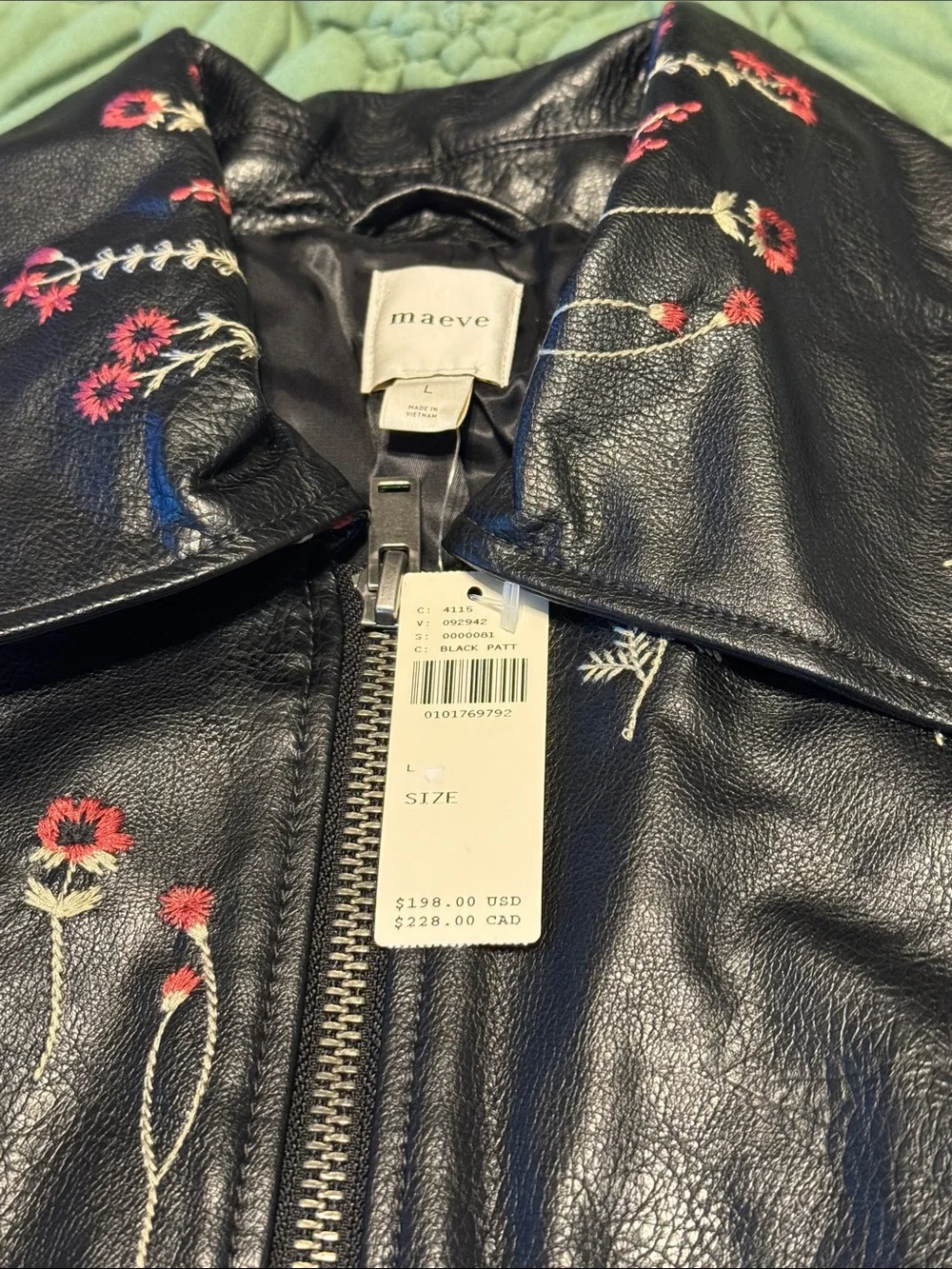 ✨ Anthropologie Faux Leather Floral-Embroidered Bomber Jacket Sz L